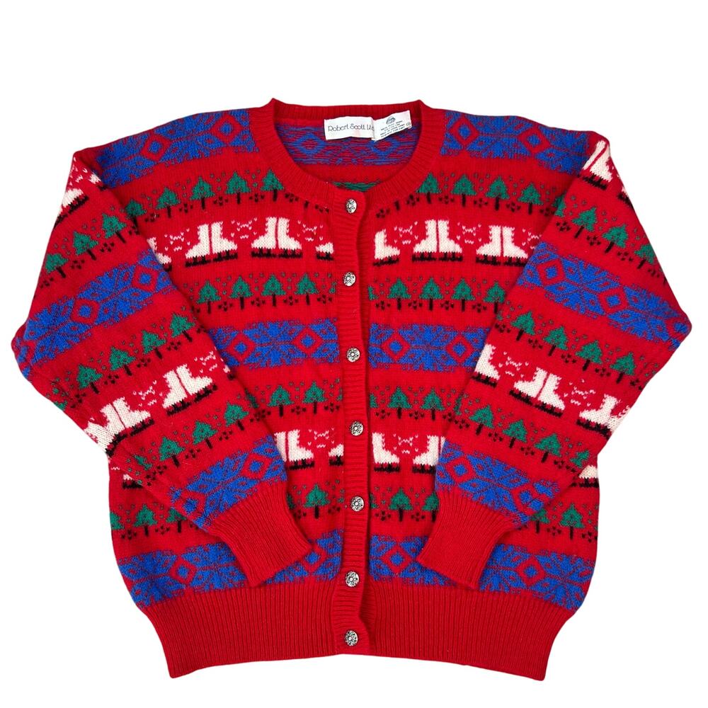 Vintage Robert Scott Ltd 100% Wool Holiday Ice Skate Cardigan Knit Sweater (M)